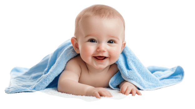 happy baby playing on soft white surface covered with blue towel smiling with joy and excitement during a cozy afternoon free png